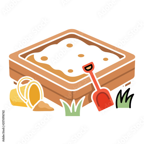 Flat vector illustration of a sandbox with shovel and bucket