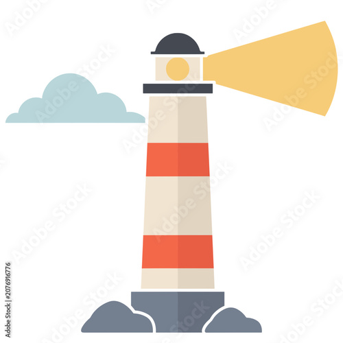 Flat vector illustration of a striped lighthouse with light beam