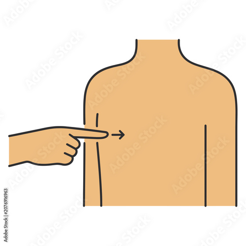 Hand pointing at torso in flat vector illustration