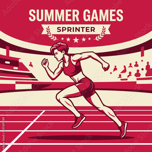 Dynamic Sprinter In Action At Summer Games Stadium Featuring Athletic Competition
