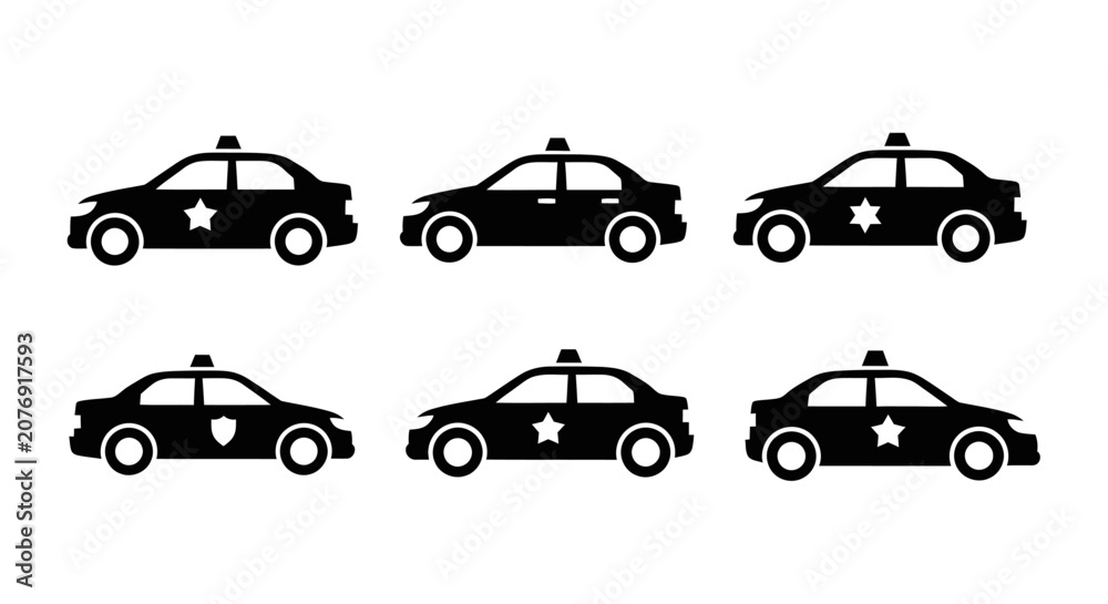 Fototapeta premium Police Car Icons Set, Law Enforcement Vehicle Silhouettes Collection