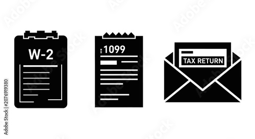 Tax Forms W-2, 1099, and Tax Return Envelope - Icon Set