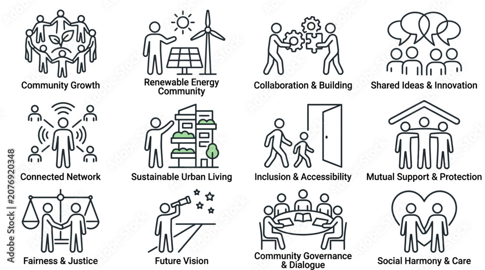 Obraz premium Sustainable community and collaborative social growth line icon set.