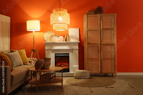 Fireplace with sofa, closet...