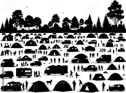 Large outdoor camping event crowd with tents vehicles and people silhouette illustration isolated on white background
