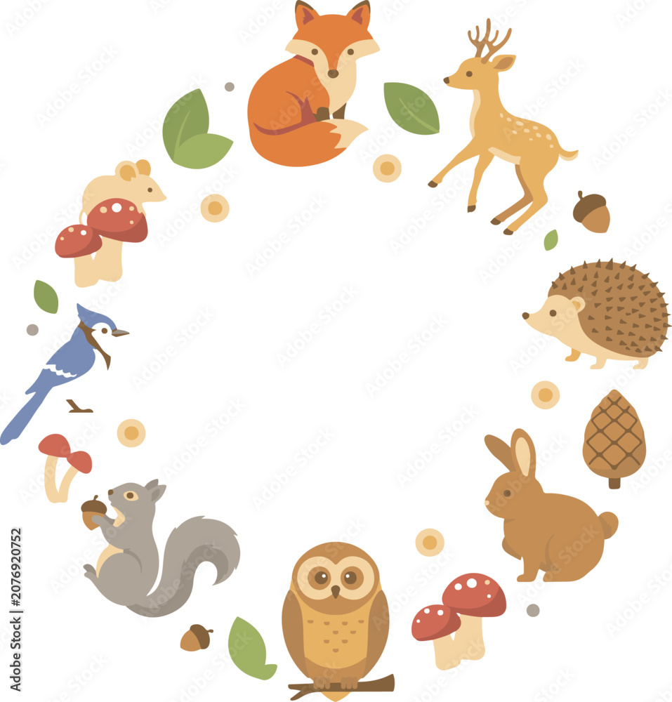 Naklejka premium Decorative circular frame composed of various forest animals and woodland elements for design projects