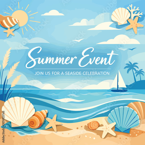 Bright seaside summer event celebration with sailboat palm trees and beach elements perfect for festive seasonal design