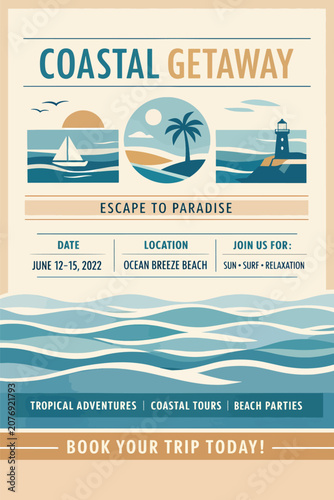Coastal getaway poster tropical beach lighthouse sailboat vacation design