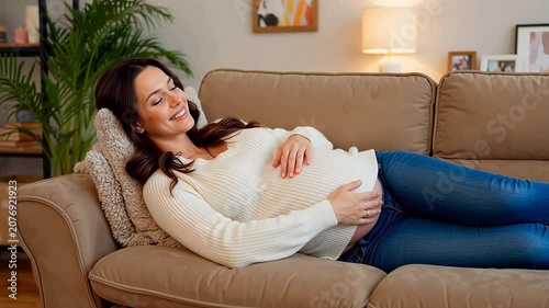 Serene expectant mother comfortably resting on a sofa, gently cradling her baby bump with a peaceful smile, embracing the joy of pregnancy at home