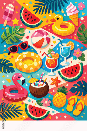 Colorful summer beach pattern with tropical fruits floats drinks and playful holiday elements