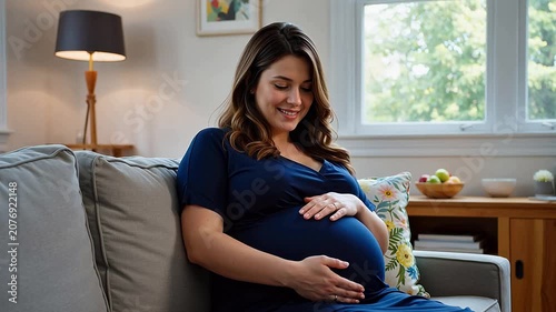 Happy pregnant woman sitting on sofa and touching her belly at home