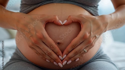 A close-up view of a pregnant woman making a heart shape with her hands over her belly to show love and anticipation for her baby