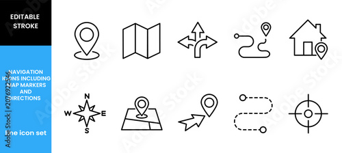 Navigation icons including map markers and directions line icon set