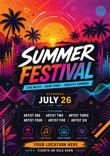 Summer festival poster with tropical sunset palm silhouettes neon graphics and vibrant music celebration design