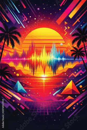 Futuristic surreal sunset digital artwork with neon tropical landscape and geometric pyramids blending retro aesthetics with cosmic depth