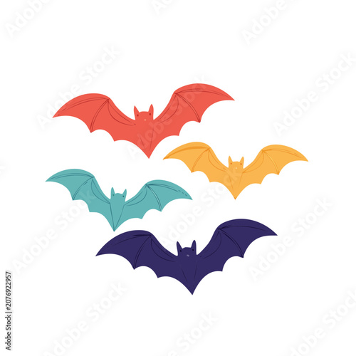 Colorful flat illustration of flying bats on clouds