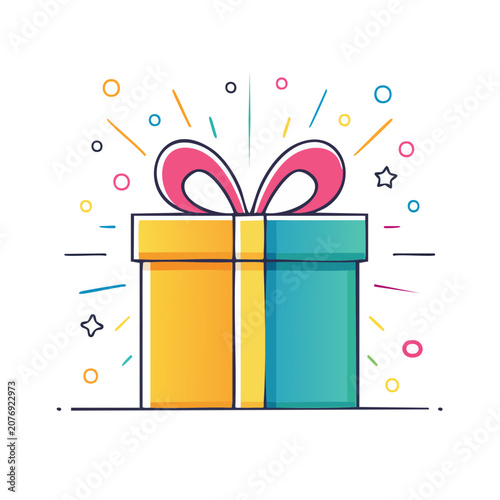 Colorful gift box with bow and confetti illustration
