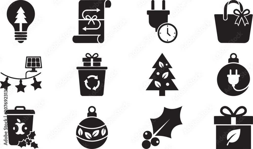 Obraz premium Christmas icons, black vector set, holiday symbols, festive decorations
