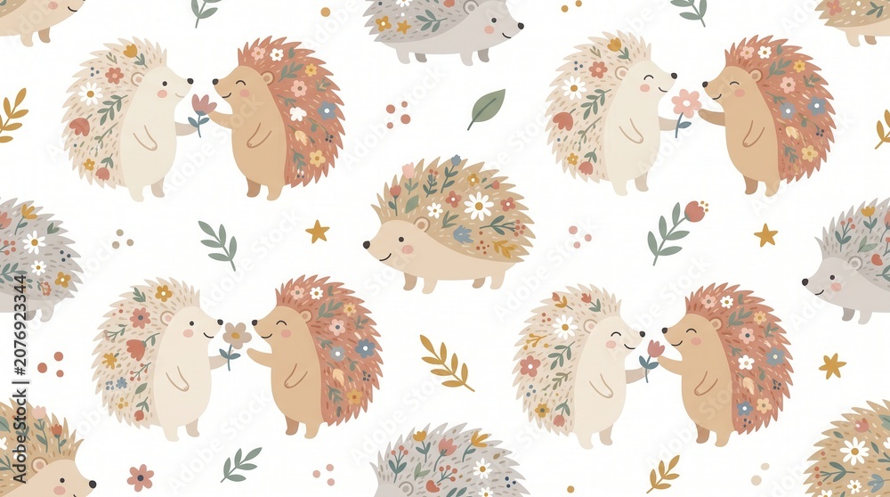Obraz premium Cheerful pattern of cute, floral hedgehogs on a white background