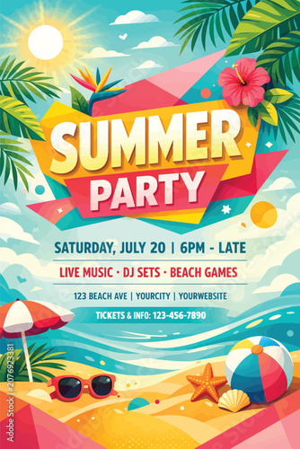 Summer party poster with tropical beach elements vibrant design and festive atmosphere