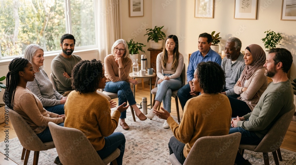 Obraz premium Diverse group of people sitting in a circle having a discussion together in a cozy living room