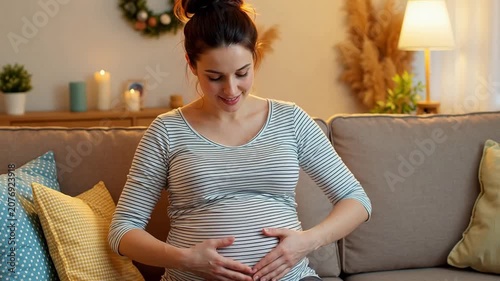 A pregnant woman sits on a couch, smiling as she cradles her baby bump