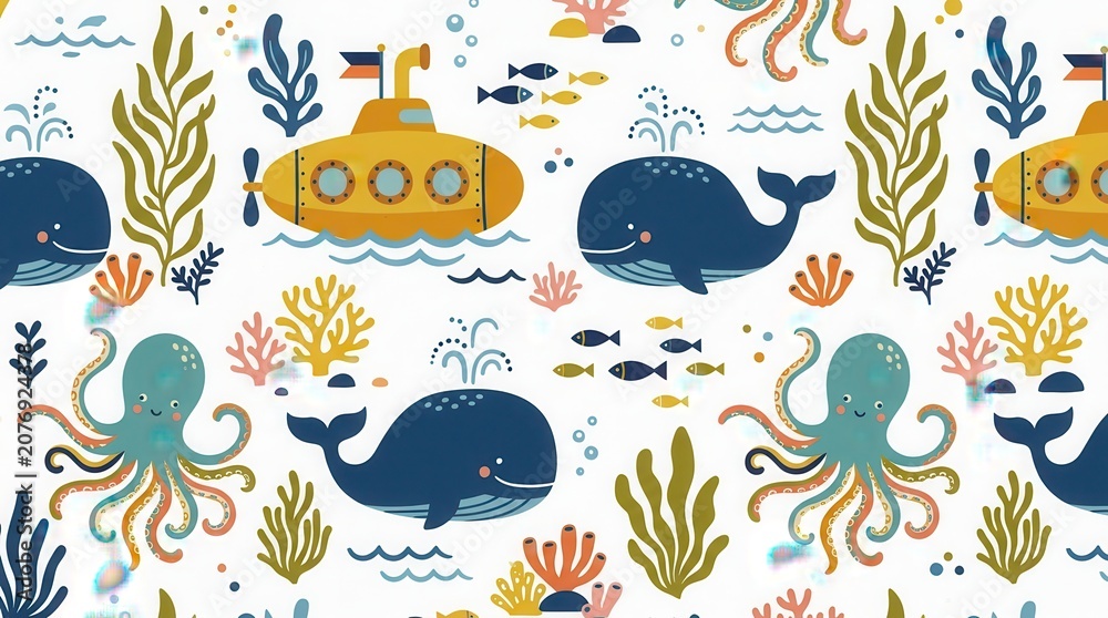 Obraz premium Cheerful ocean pattern shows cute whales, octopuses, fish, a submarine, and seaweed
