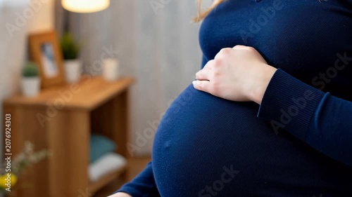 Pregnant woman in blue dress gently holding her belly at home