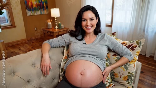 Beautiful pregnant woman smiling showing her baby bump while sitting on a couch at home
