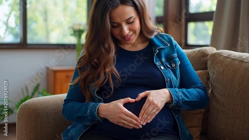 Happy pregnant woman sitting on sofa making heart shape with hands on her belly