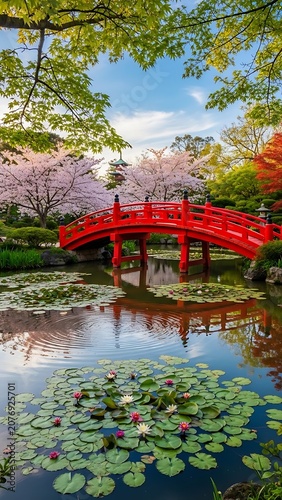 Traditional red pagoda by tranquil pond with lily pads.