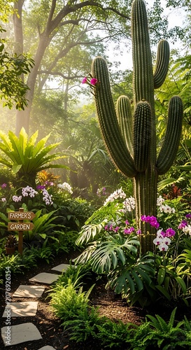 Tropical garden with exotic plants and flowers.