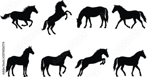Tableau sur toile Horse Silhouette Collection with Eight Running Rearing Grazing Walking and Stand