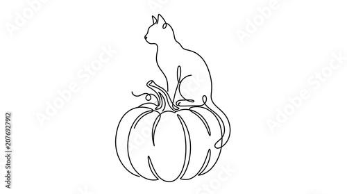 Continuous line drawing of a cat sitting on a pumpkin