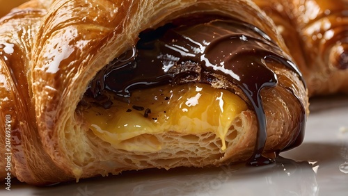 Golden Chocolate and Custard Filled Croissant Macro Close Up with Melted Chocolate Drizzle
