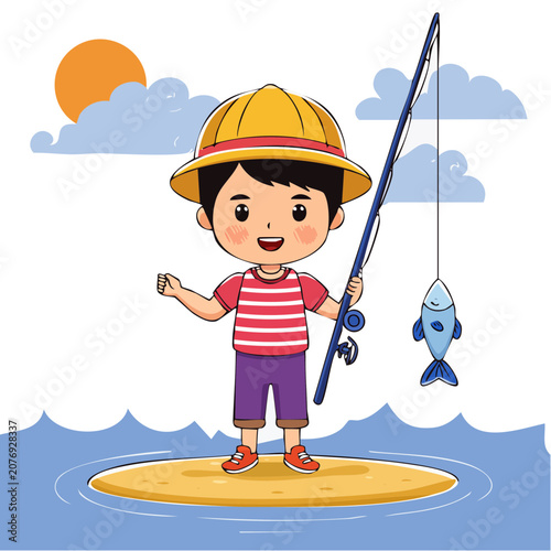 Cartoon boy fishing with rod and caught fish