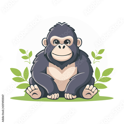 Cartoon Gorilla Sitting with Green Leaves