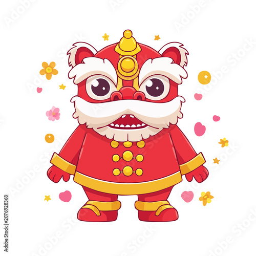 Cartoon lion dance costume character in traditional outfit
