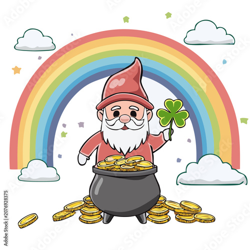 Cartoon Leprechaun with Pot of Gold and Rainbow
