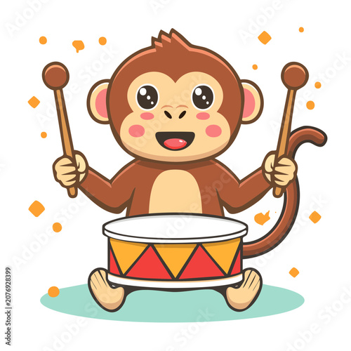 Cartoon Monkey Playing Drum with Drumsticks
