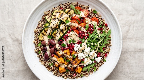 Delicious healthy salad, quinoa bowl, mixed greens, pomegranate seeds