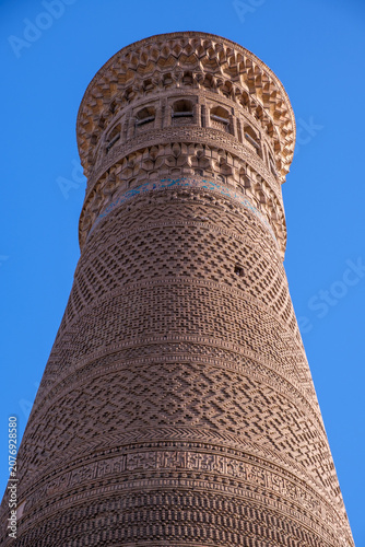 Photography Kalon Minaret Ornate Brick Tower Against Blue Sky Bukhara