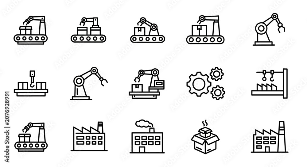 Fototapeta premium Industrial Automation Icons: Robotic Arms, Conveyor Belts, Factories, Gears