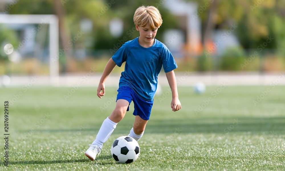 Obraz premium Young boy dribbling soccer ball on football field during training session, youth soccer player practicing ball control on green turf, child athlete improving football skills