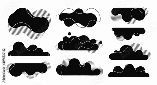 Set of black abstract fluid shapes with organic outlines and diagonal line patterns on a white background. Graphic design elements featuring liquid blobs and hatched textures for web.