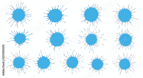 Set of thirteen cerulean blue paint splatters and ink blots isolated on white background. Abstract light blue liquid splashes and dripping spots for graphic design and art projects.