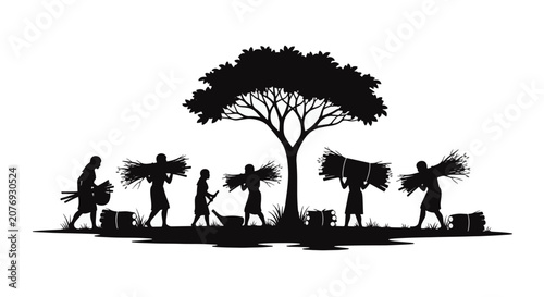 Silhouette of an ancient tribal community gathering firewood under a large savanna tree, featuring multiple figures carrying bundles of sticks on their shoulders against a plain white background.