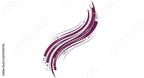 Abstract diagonal wave composition with plum purple and light grey flowing lines, rounded strokes, and decorative dots on a white background, minimalist graphic design element.