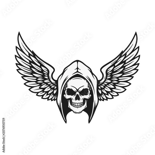 Monochrome vector illustration of a human skull wearing a hooded cloak with large outstretched feathered wings isolated on a white background for tattoo or graphic design.