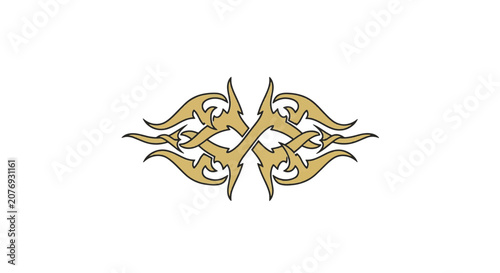 Golden tribal emblem design featuring symmetrical sharp thorns and curved lines, abstract fantasy crest with black outlines isolated on white background for tattoo and logo vector.